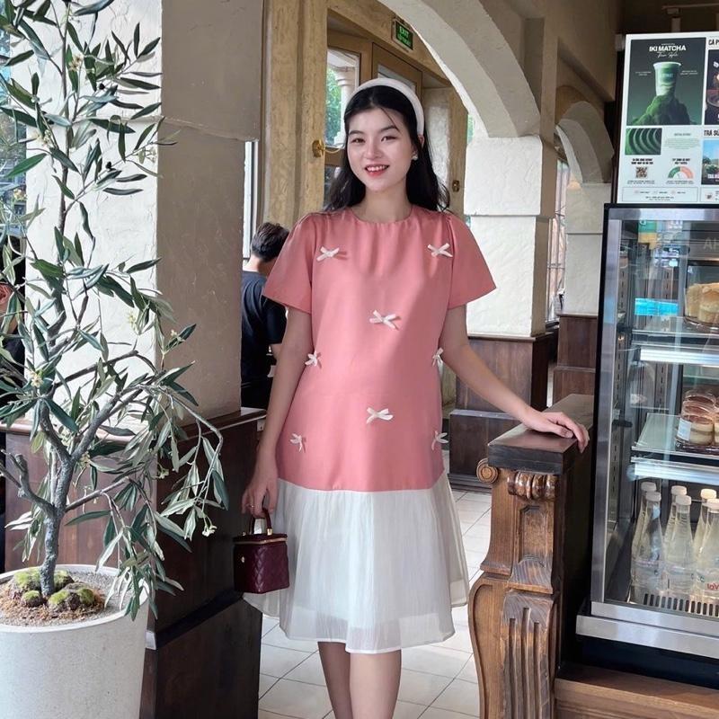 Đầm bầu đuôi cá đính nơ phối chân voan tơ sang chảnh chất cotton lạnh mát mẻ - Xanh đen