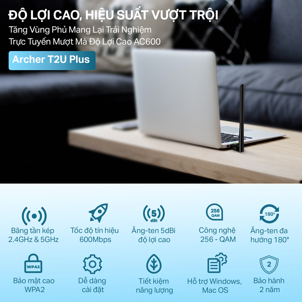 Hình ảnh Bộ Chuyển Đổi USB Wifi TP-Link Archer T2U Plus Công Suất Cao AC600 - Hàng Chính Hãng