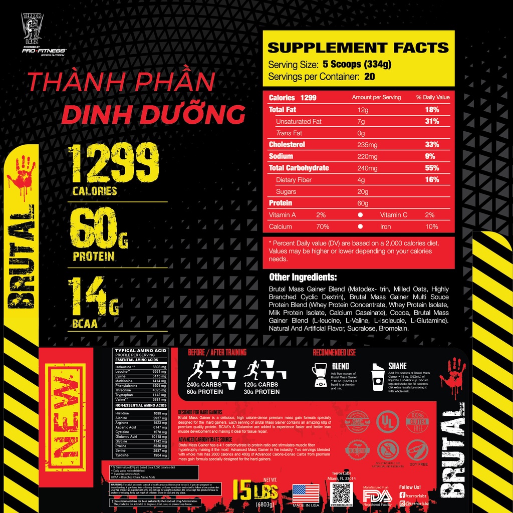 Sữa mass tăng cân Mass Brutal Gainer - Sữa siêu tăng cân cho người gầy với 60g Protein, 240g Carb và 14g BCAA (Túi 6,8kg