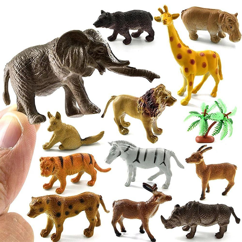 Bộ sưu tập 12 thú rừng Safari hoang dã (5-7 cm) bằng nhựa đặc nguyên khối, an toàn cho trẻ, thích hợp làm đồ chơi, mô hình học tập, nhận biết cho bé trai, bé gái trên 3 tuổi
