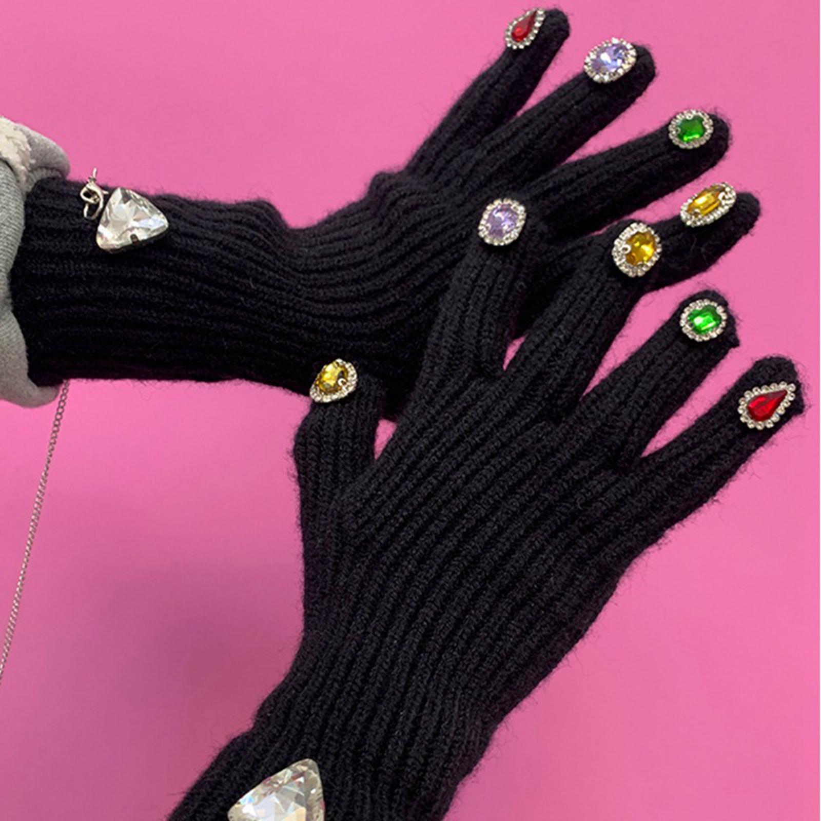 Women Winter Warm Gloves Faux Rhinestone Full Finger Thermal Gloves Elastic