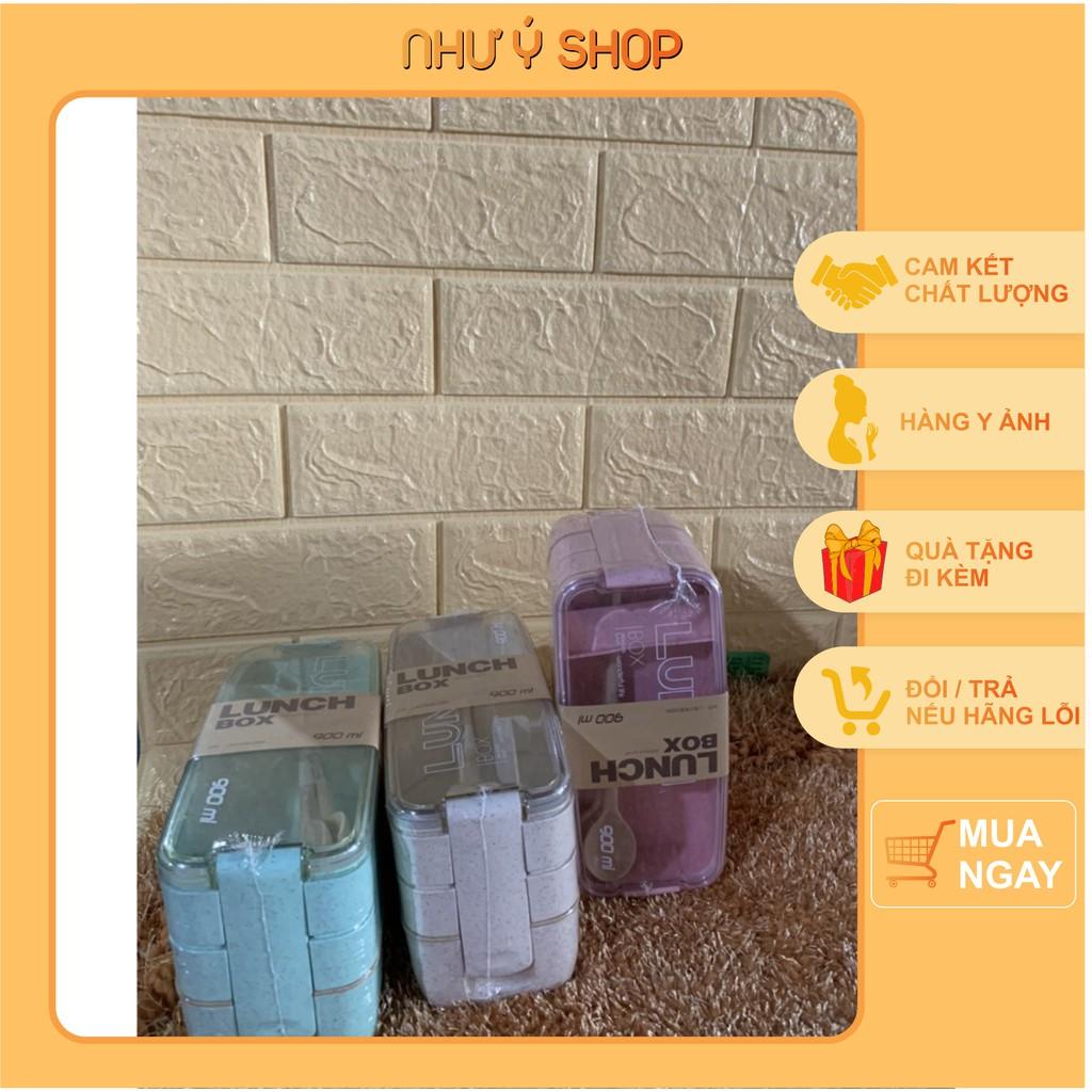 Hộp đựng cơm lúa mạch 3 tầng chữ nhật tặng kèm bộ đũa thìa lúa mạch