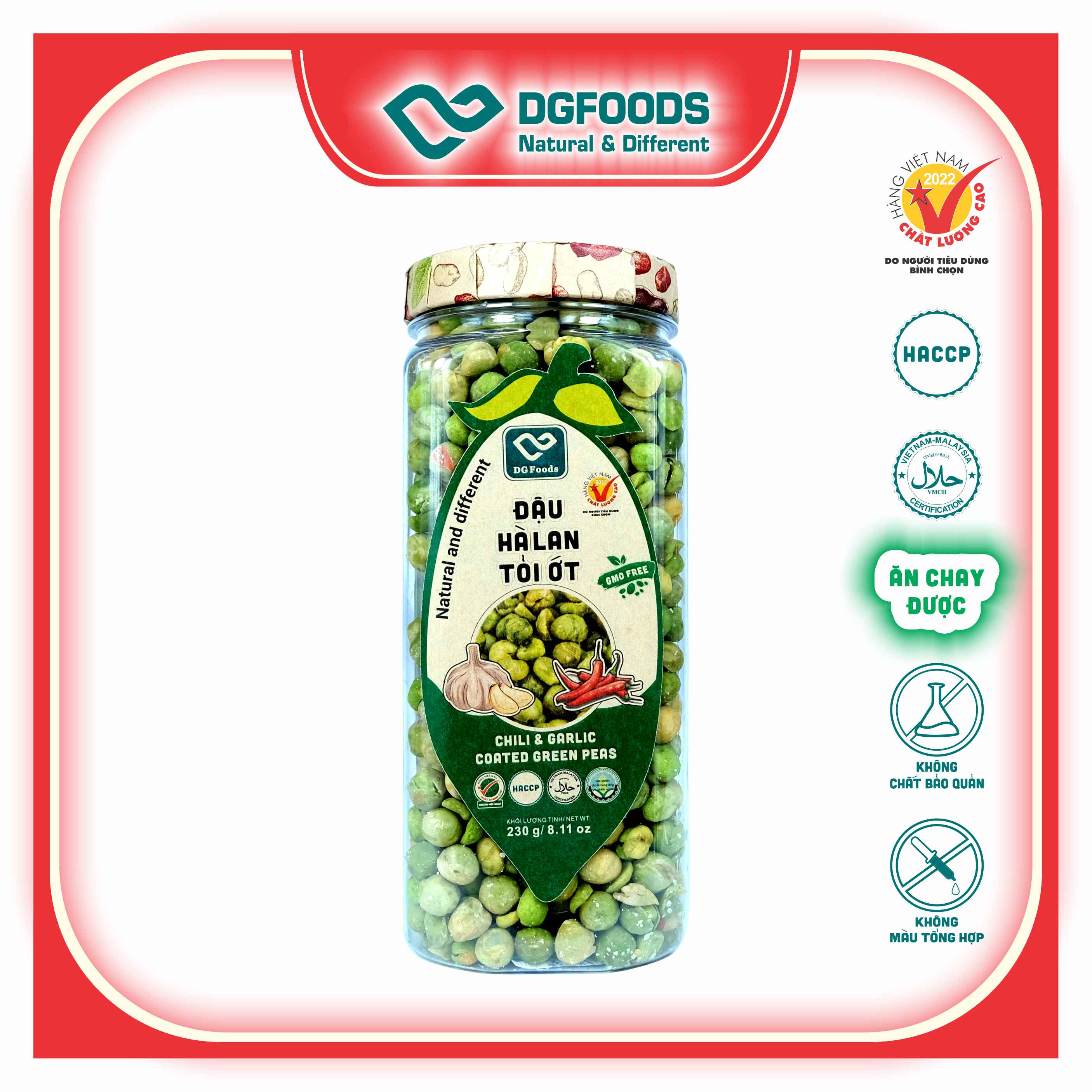 Đậu Hà Lan Tỏi Ớt DGfoods 230g/ Chili &amp; garlic coated green peas/ HVNCLC, Haccp, Halal, Ăn chay, Ăn kiêng, Đặc sản Cần Thơ