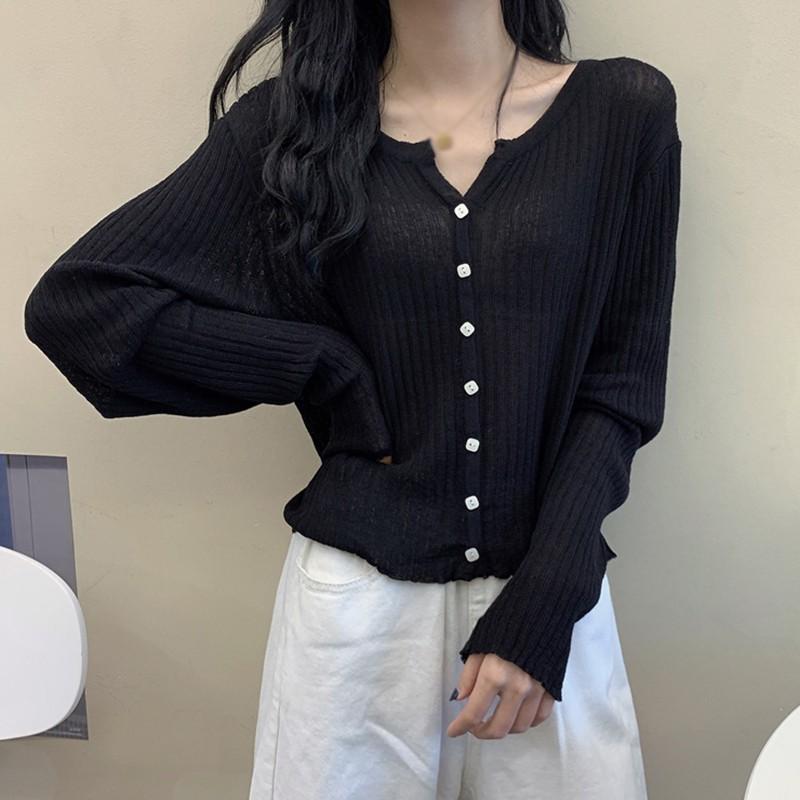 Áo Khoác Cardigan Dệt Kim Tay Dài Cổ Chữ V Màu Trơn Hợp Thời Trang Cho Nữ