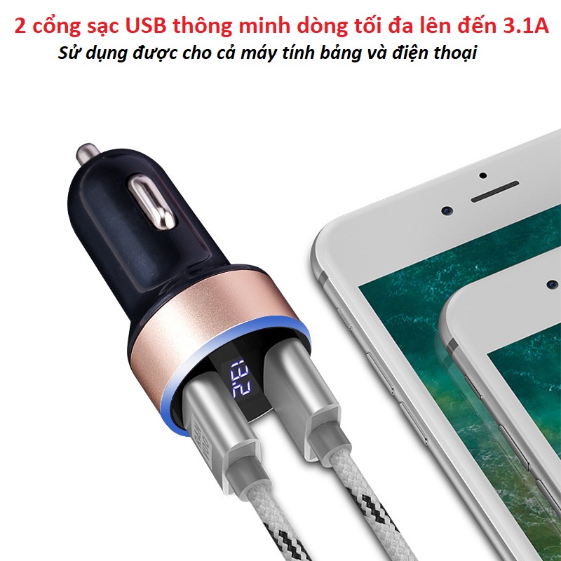 Tẩu sạc tròn 2 cổng USB có báo điện áp đầu vào 12V-24V trên ô tô