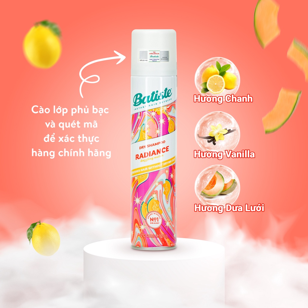 Dầu Gội Khô Hương Dưa Lưới Batiste Dry Shampoo RADIANCE Dazzling Melon 200ml