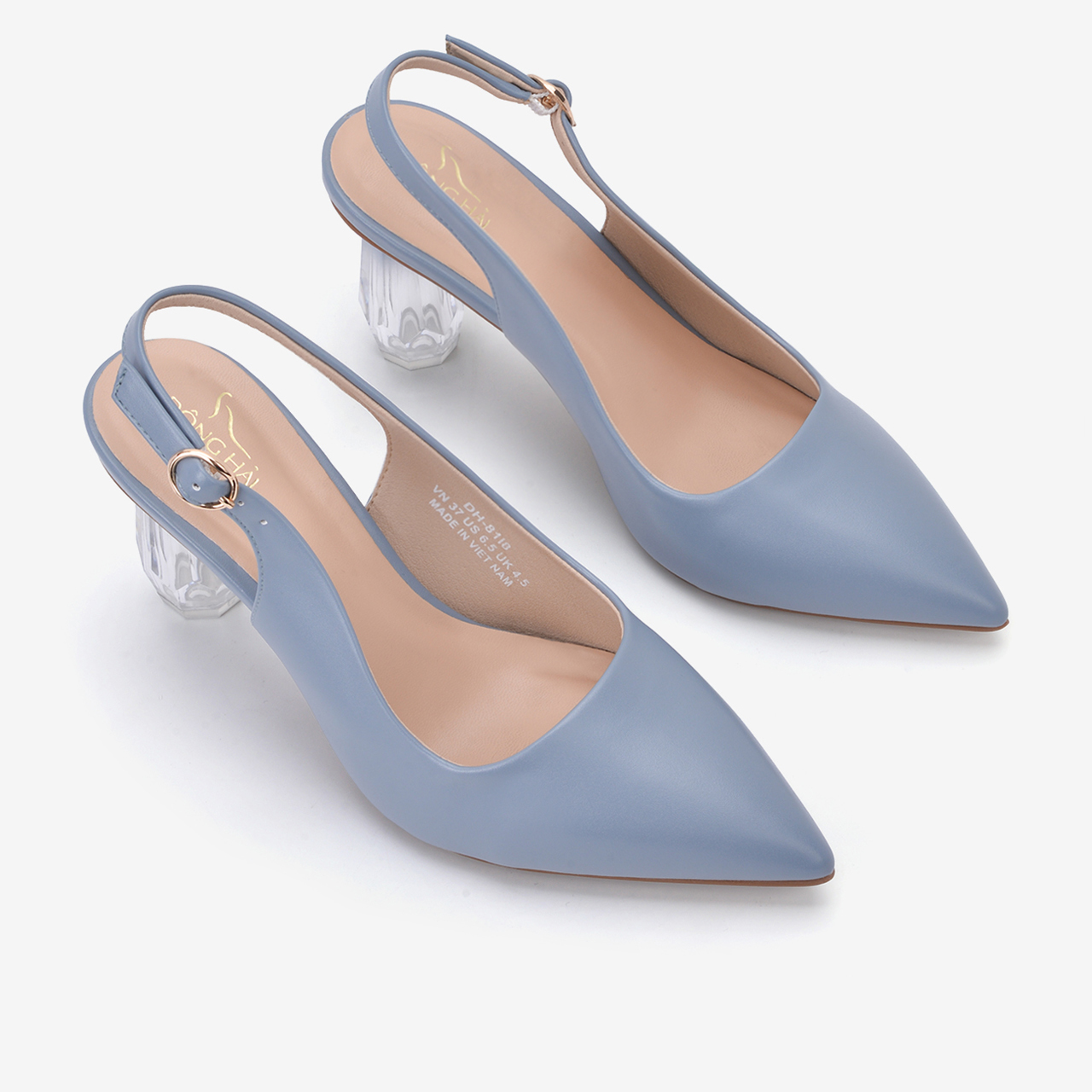 Giày cao gót nữ Đông Hải thiết kế Slingback mũi nhọn sành điệu đính gót kim cương cao 7cm - G81I8