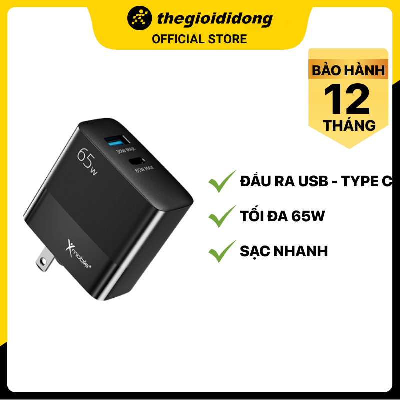 Adapter Sạc 2 cổng USB Type C PD QC 3.0 GaN 65W Xmobile MFR65 Đen - Hàng chính hãng