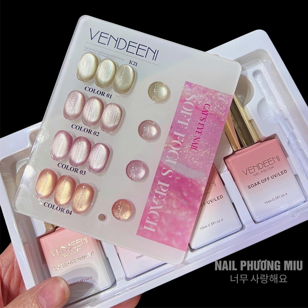 Set Sơn Mắt Mèo Lụa Ánh Nước Sáng Trong 4 Màu VENDEENI K21 Làm Nail Siêu Sáng, Sơn Gel Mắt Mèo Lụa Ánh Trăng Hồng Pha Lê Vàng