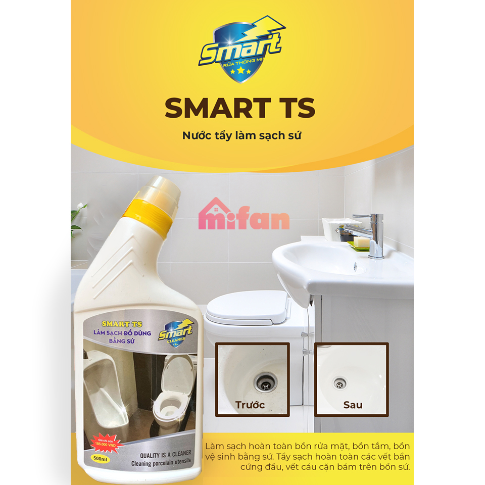 Làm Sạch Tẩy Trắng Đồ Dùng Bằng Sứ SMART TS - Bồn Cầu, Bồn Tắm, Bồn Rửa - Trắng Ngay Sau 5 Phút Không Cần Cọ Rửa - Tặng Kèm Chổi Lông