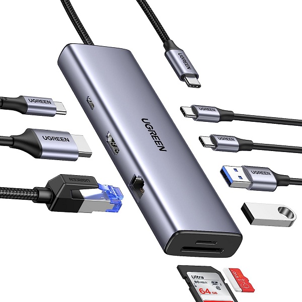 Hub USB-C 9 in 1 Ugreen 15375 CM498 HDMI 4K 60Hz, RJ45 1Gbps, USB 3.0, SD TF with PD 100W hàng chính hãng