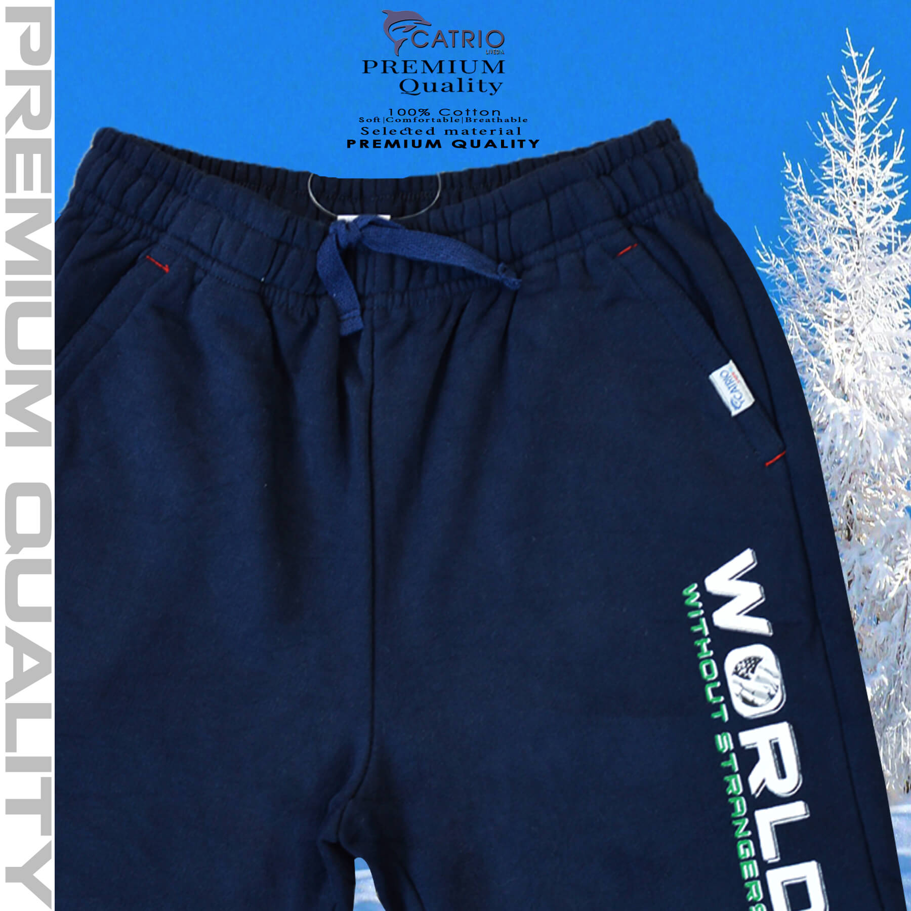 Quần thun dài bé trai vải 100% cotton in WORLD màu NAVY là quần nỉ trẻ em CATRIO từ 9 tuổi đến 18 tuổi phù hợp thời tiết se lạnh mùa thu đông với kiểu dáng thể thao tuyệt đẹp
