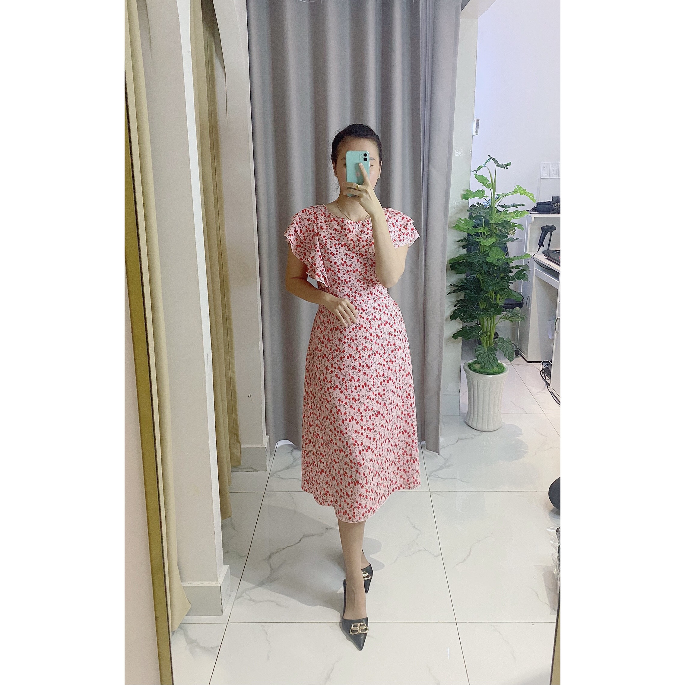 Váy đầm nữ công sở đẹp,Váy nữ thời trang tiểu thư tiệc cưới, váy hoa nhí chữ A tay bèo V014