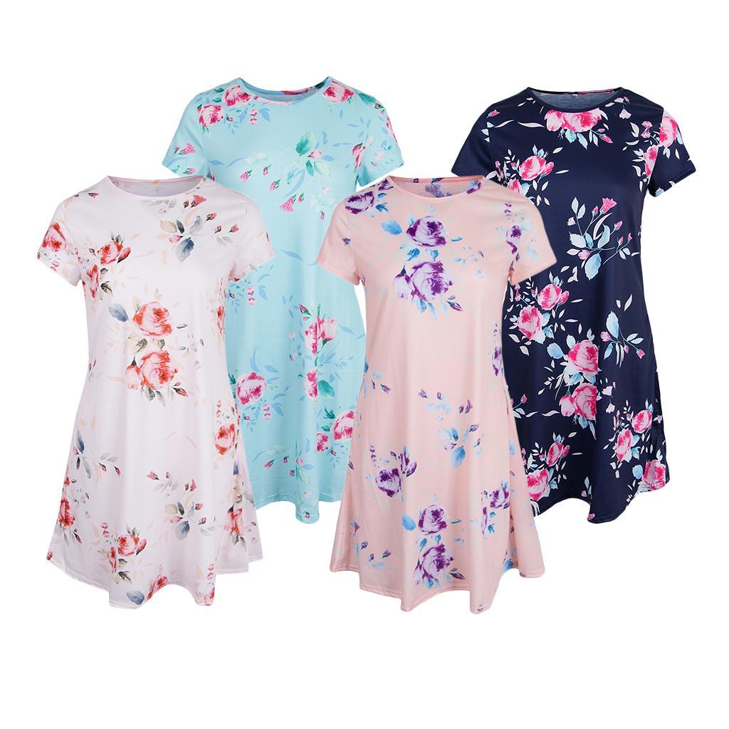 Women's Casual Floral Flared Skater Dress Short Sleeve A Line Dress with Pockets
