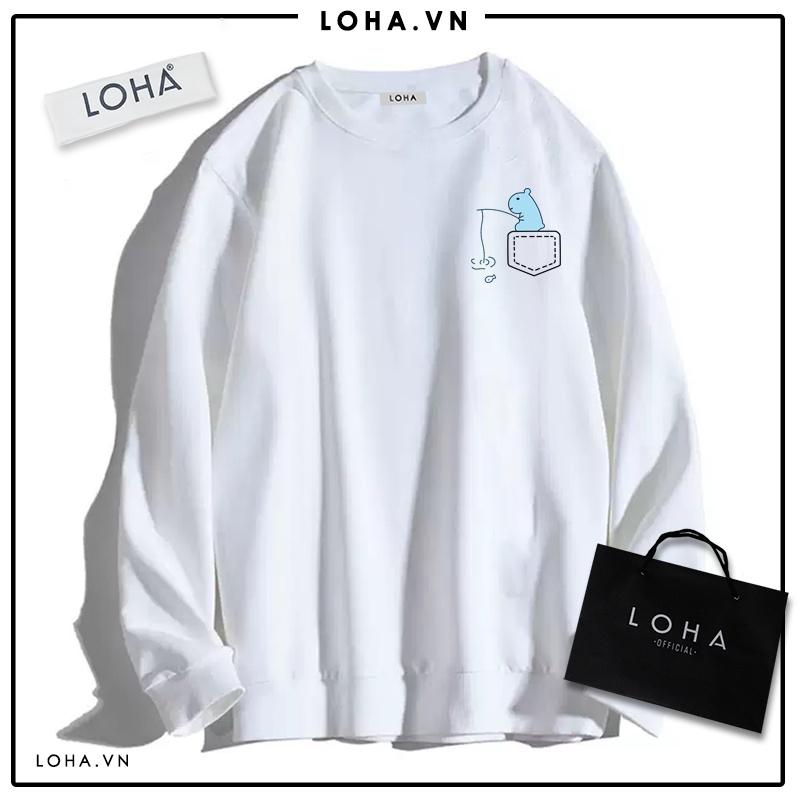 Áo Sweater In Hinh Túi Giả LOHA Basic, áo nỉ Nhật cao cấp dài tay Unisex LOHA