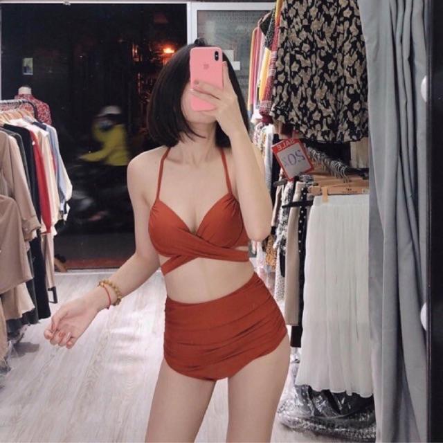 Đồ bơi bikini quần nhúng cạp cao che bụng áo ngực chéo dây