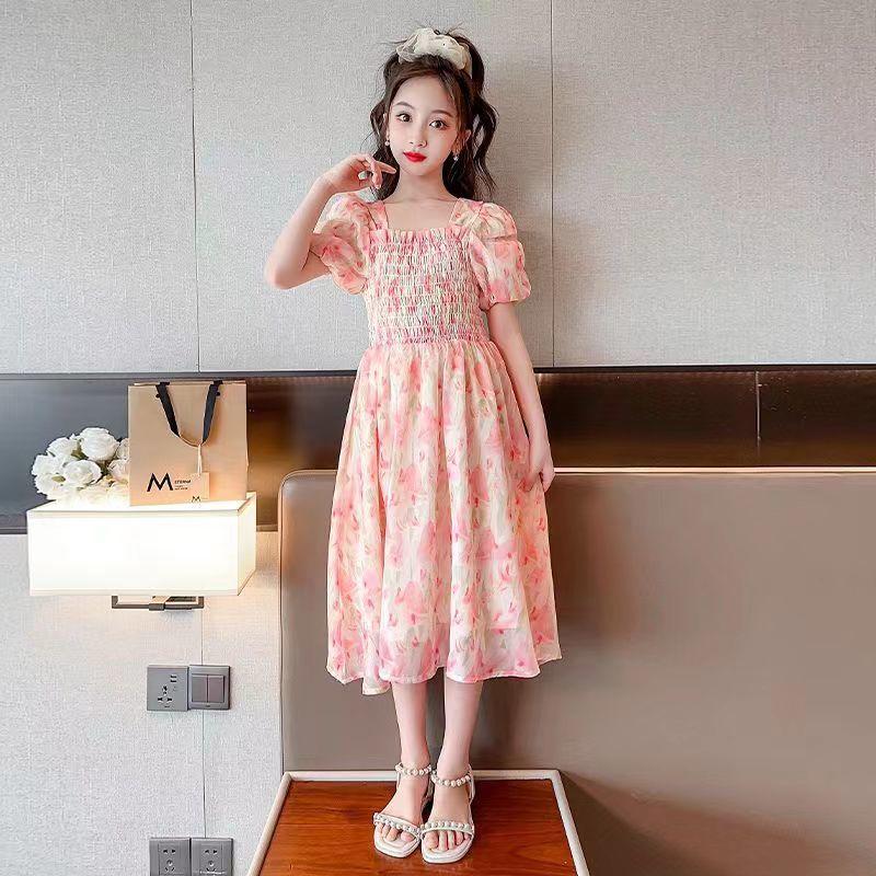 SHUANGYAN Cô gái váy mùa hè phong cách phương Tây 2023 Big Boy mùa hè váy chiffon mùa hè cô gái mảnh hoa mối tình đầu váy
