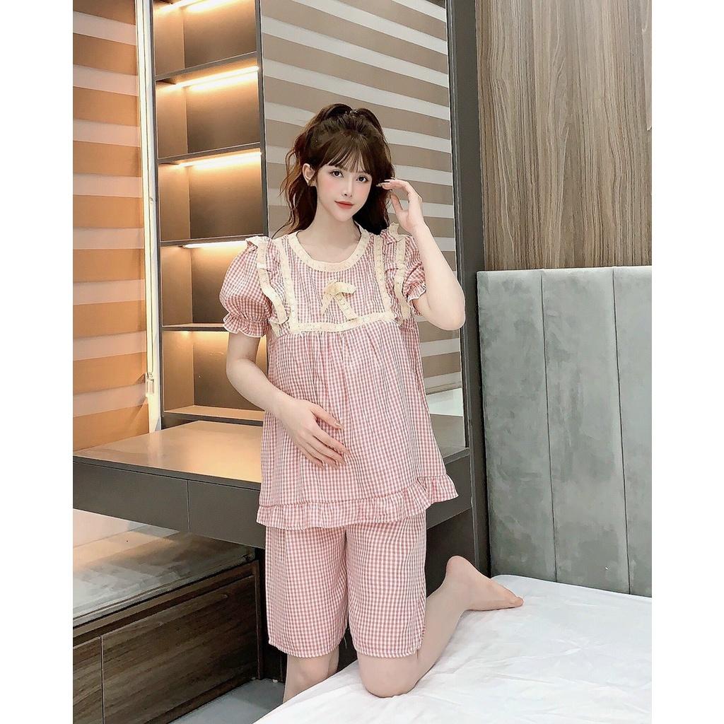 Bộ đồ bầu cộc tay kẻ sọc chất đũi cotton freesize từ 45 đến 70kg