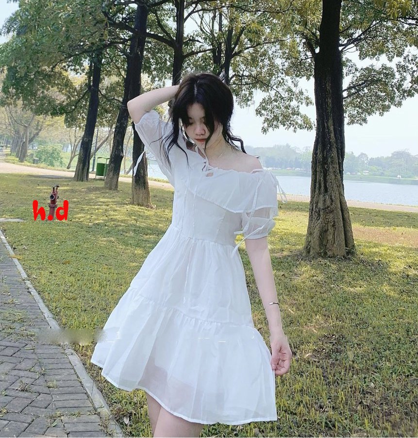 Đầm Tiểu Thư Ulzzang Buộc Nơ Vai Dáng Xòe Tầng Siêu Đẹp