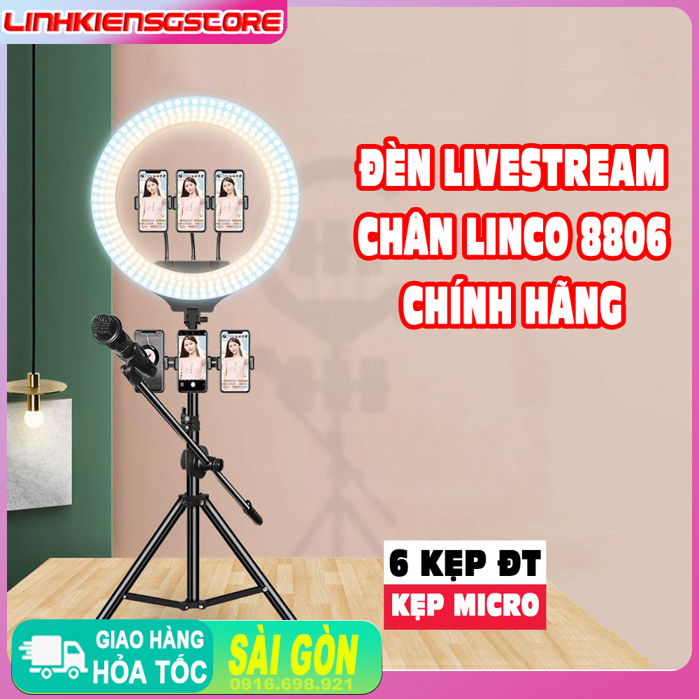 Đèn Livestream 54cm Chân 8806 Hãng, Thanh Ngang 3 Kẹp ĐT, Tay Ngang Kẹp MICRO