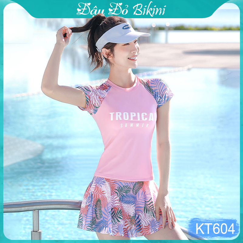 Bộ bơi nữ 2 mảnh dáng áo bơi thun tay ngắn &amp; quần váy đùi nữ tính, phong cách trẻ trung, chất thun bơi lạnh đẹp, co giãn tốt, mịn mát, có size lớn | KT604