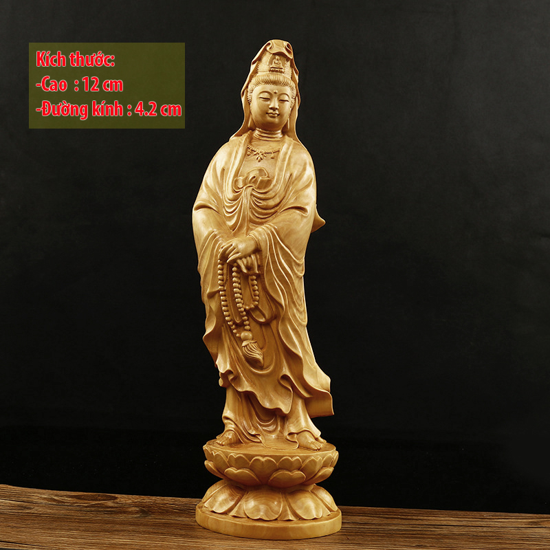 Tượng Phật Quan Âm đứng đài sen bằng gỗ Hoàng Dương