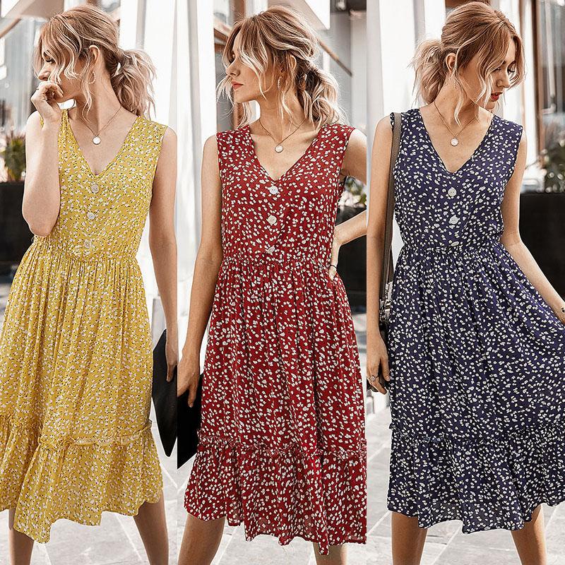 Fashion Women Summer Floral Print Dress V Neck Sleeveless Button High Waist Ruffles Bohemian Holiday Dress