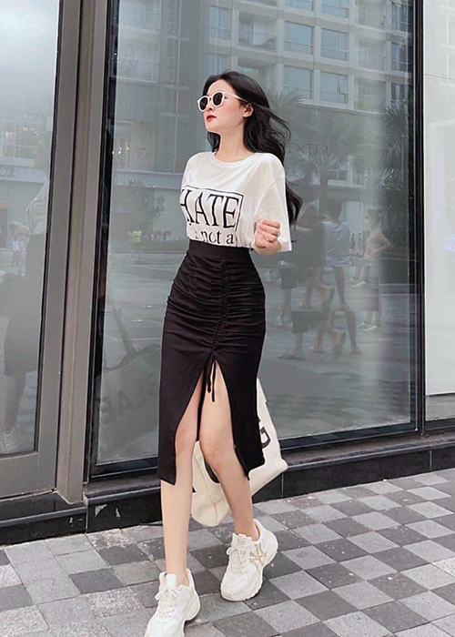 Set Áo Và Chân Váy Thun Xẻ Tà Rút Dây Duyên Dáng