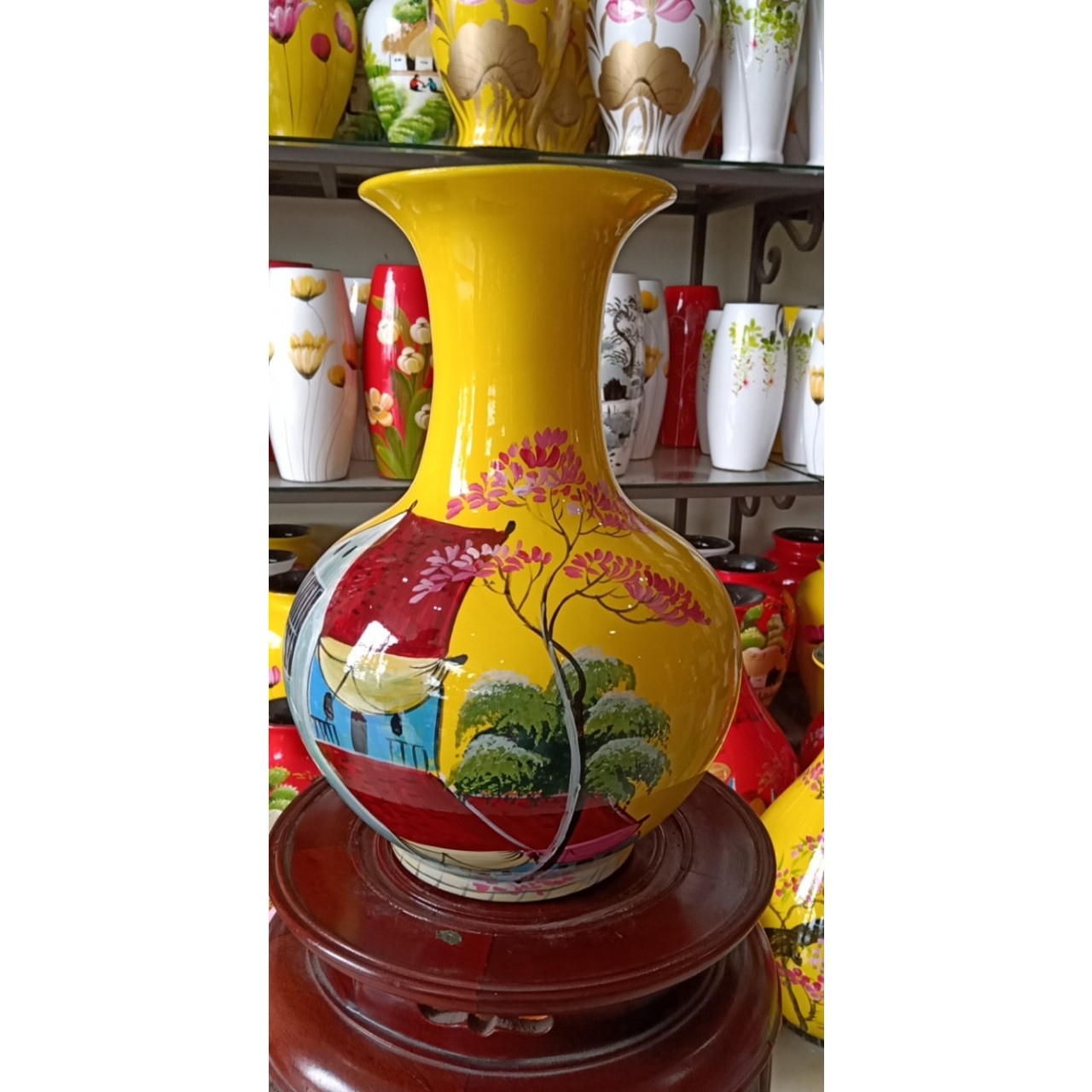 Bỉnh tỏi cắm hoa gốm sứ Bát Tràng vẽ phố cổ