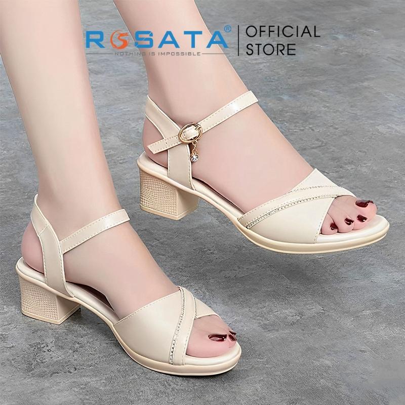 Giày sandal cao gót nữ ROSATA RO577 mũi tròn quai cài dây mảnh gót vuông cao 5cm xuất xứ Việt Nam - Đen