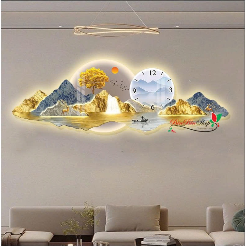 (HCM)Tranh đồng hồ đèn led tráng gương núi non hùng vĩ 5 trang trí phòng khách, làm quà tân gia