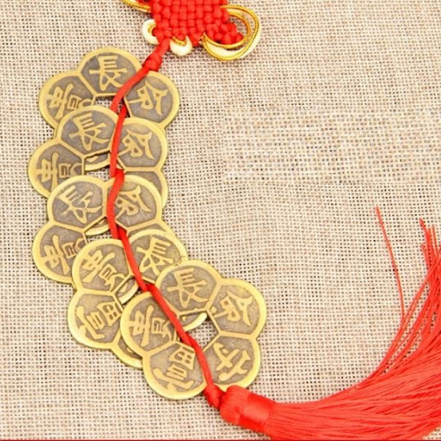 DÂY TREO 5 ĐỒNG XU HOA MAI KIM TIỀN NGŨ PHÚC THU HÚT TÀI LỘC , TRỪ THỊ PHI