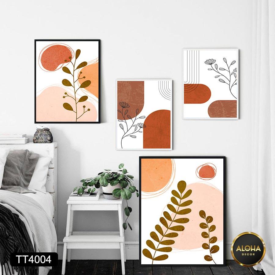 Set 4 tranh treo tường phòng khách Mininalist tông cam nâu tối giản - Tranh treo tường decor phòng ngủ tặng kèm khung