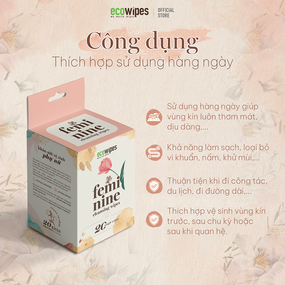 Combo 10 hộp 200 gói khăn giấy ướt phụ khoa Ecowipes travel size vệ sinh cá nhân phụ nữ hương Daisy size 15x20cm nhỏ gọn bỏ túi