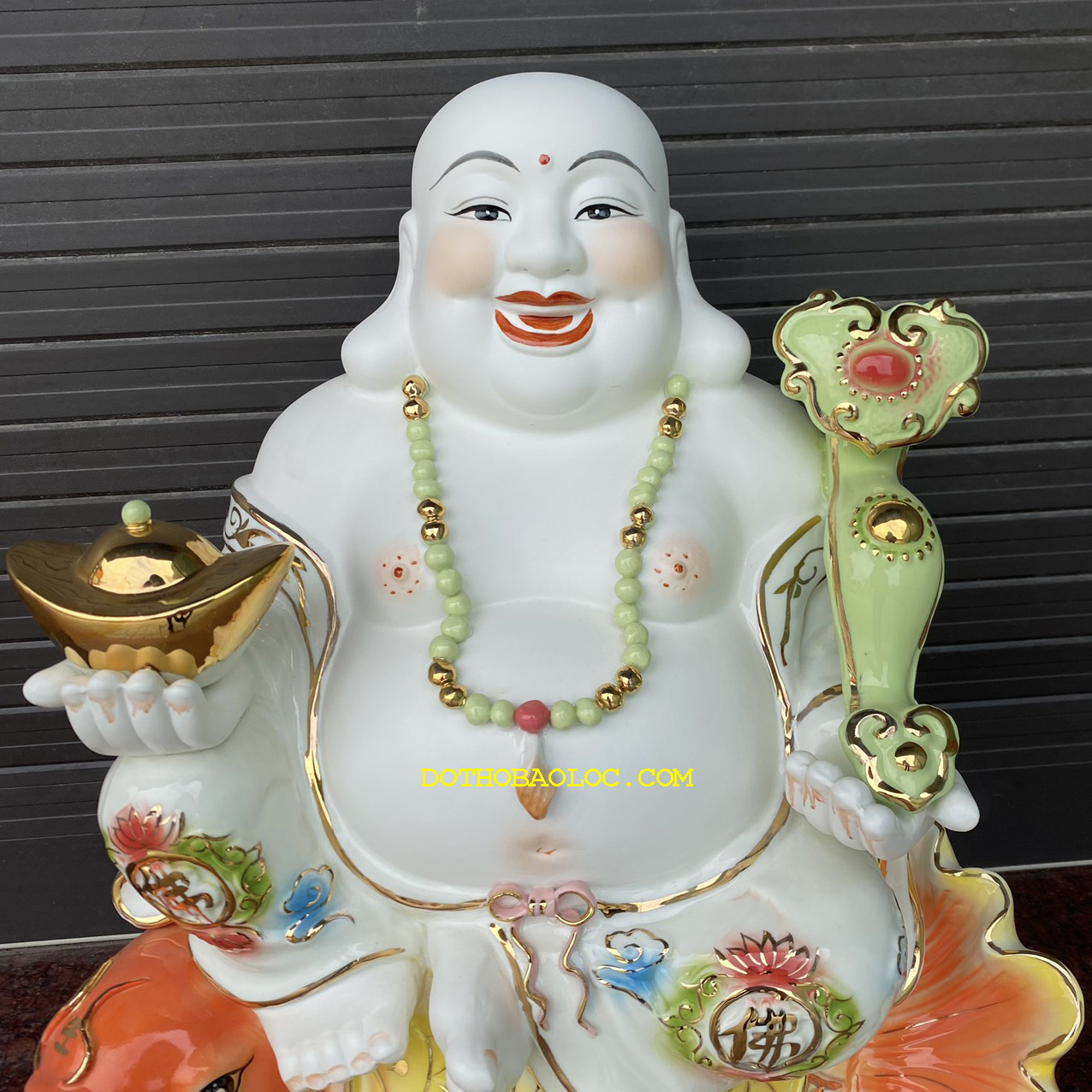 Tượng Di Lặc men sứ ngồi trên cá chép hóa rồng cao 50cm