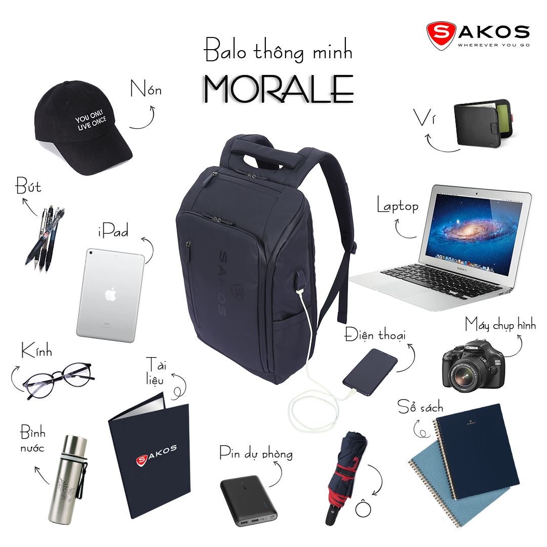 Balo Sakos Morale - Balo Laptop 17 inch, Balo Thời Trang Đa Năng (Đen) - Hàng Chính Hãng