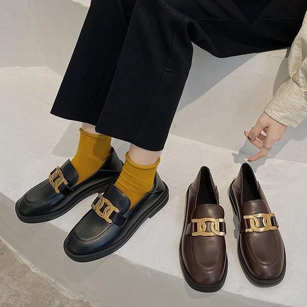 Giày bệt cao su PU mũi tròn giày đơn nữ phong cách Hàn Quốc Giày búp bê nữ đế bệt