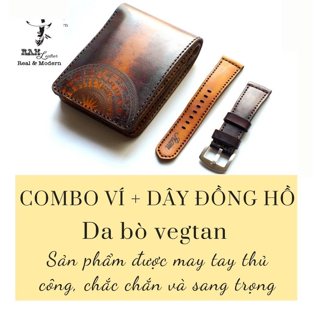 Combo Ví nam + dây đồng hồ socola - vàng da bò vegtan Ý bền chắc Chính hãng RAM Leather
