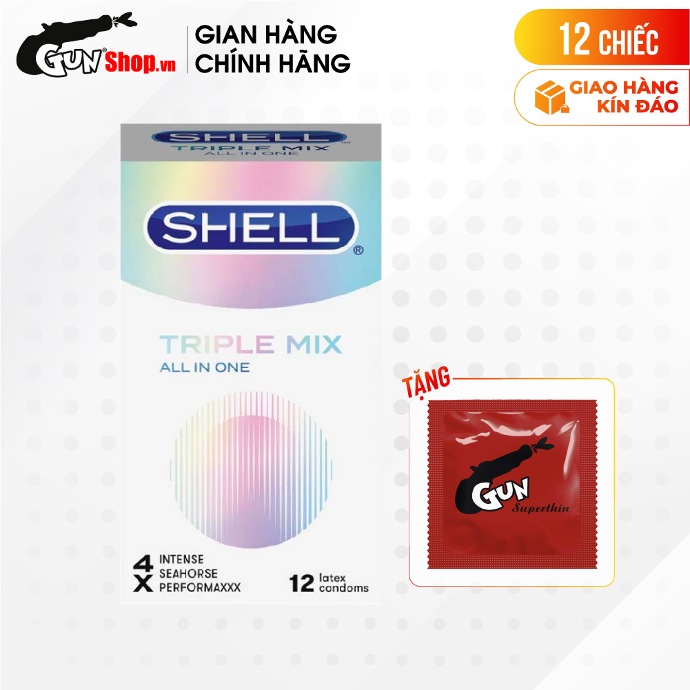 [Hộp 12 cái] Bao cao su Shell Triple Mix - Siêu mỏng, mát lạnh, gân gai kèm 1 chiếc BCS Gun Super Thin