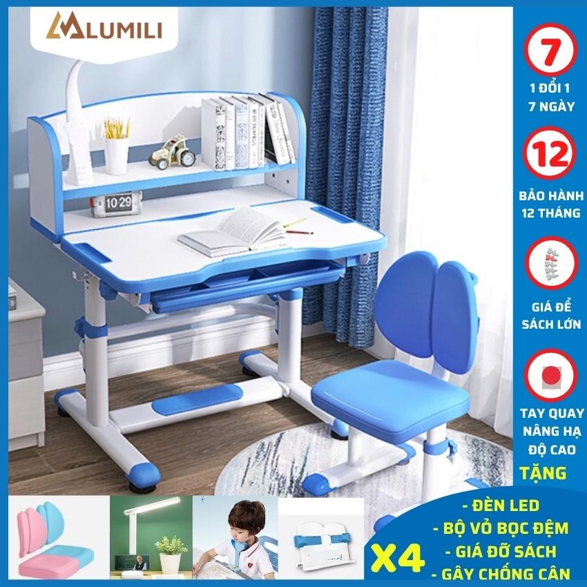 Bàn học có giá sách cho bé Lumili R9 Premium chống gù chống cận, bàn học kèm kệ sách cho bé, phù hợp cho học sinh