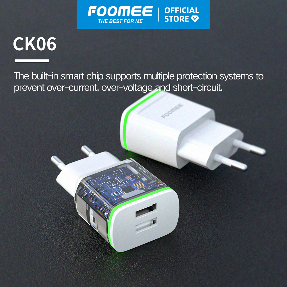 Củ Sạc 2 Cổng USB FOOMEE CK06 - Màu Trắng/Đen - Sạc Nhanh 2.4A 2 Thiết Bị Cùng Lúc - Hàng chính hãng