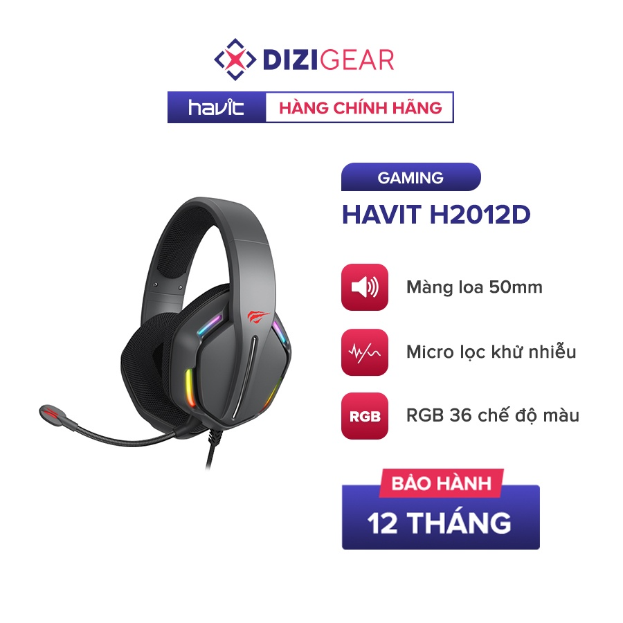 Tai Nghe Gaming Headphone HAVIT H2012D, Driver 50mm, Đèn RGB 36 Chế Độ Màu, Mic Khử Ồn - Hàng Chính Hãng