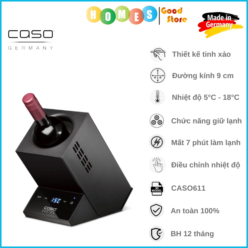 Máy Ướp Lạnh Rượu Caso WineCase One Black Cao Cấp, Thiết Kế Sang Trọng, Màn Hình LED Cảm Ứng, Công Suất 72W - Hàng Nhập Khẩu Đức