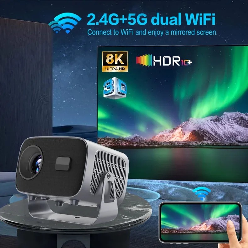 Máy chiếu android có điều khiển cử chỉ và giọng nói tiếng việt, Bluetooth, loa, kết nối màng hình điện thoại, Wifi kép 2 băng tần, cài sẵn ứng dụng tivi truyền hình cáp bóng đá và phim HD miễn phí vĩnh viễn - Hàng Nhập Khẩu