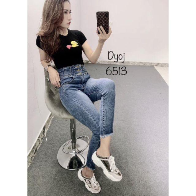 Quần jeans cạp cao nút kiểu xịn!