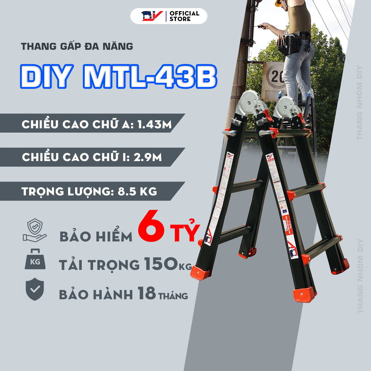 Thang nhôm gấp đa năng DIY MTL-43B chiều cao tối đa chữ I 2.9m, chữ A 1.43m ( đai đỏ )