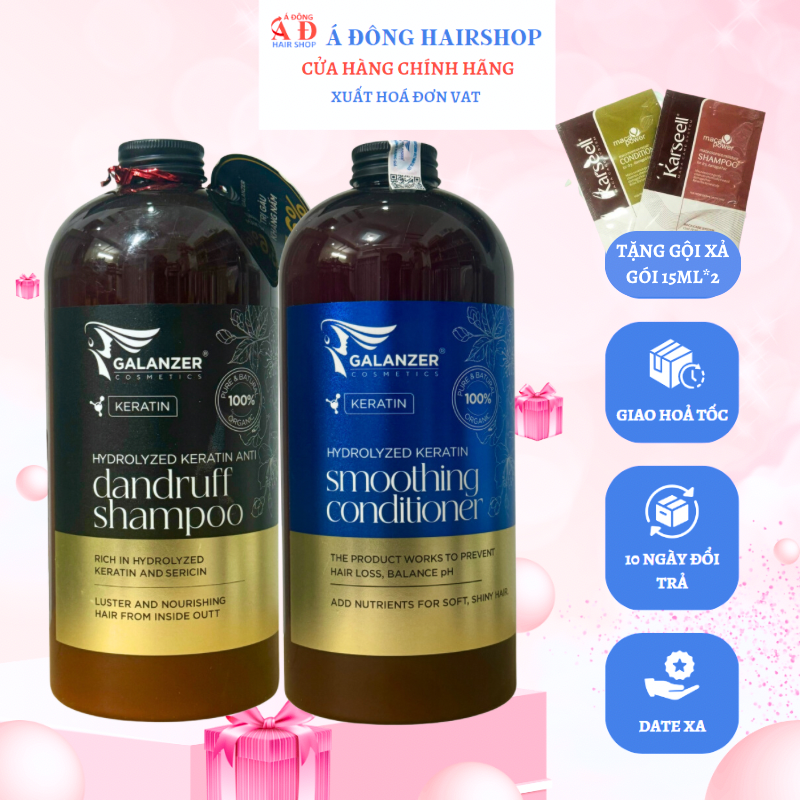 BỘ DẦU GỘI XẢ GALANZER KERATIN MỀM MƯỢT PHỤC HỒI - DƯỠNG ẨM - SẠCH GÀU DẦU BẾT 1000ML + GỘI XẢ GÓI KARSEELL 15ML