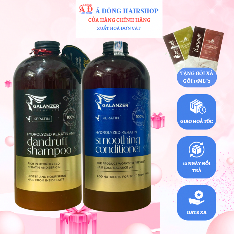 BỘ DẦU GỘI XẢ GALANZER KERATIN MỀM MƯỢT PHỤC HỒI - DƯỠNG ẨM  - SẠCH GÀU DẦU BẾT 1000ML + GỘI XẢ GÓI KARSEELL 15ML