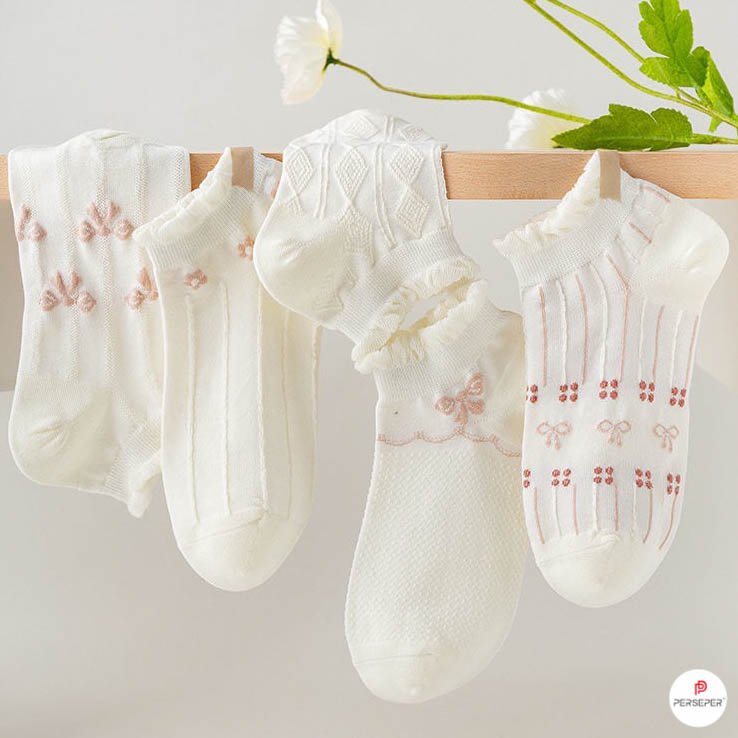 Bộ 5 đôi tất vớ nữ cổ ngắn - Kiểu hoa nâu 5 đôi