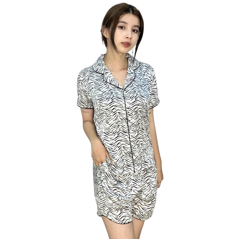 Đồ bộ mặc nhà nữ Pijama lụa VILADY - B136 kiểu đồ bộ ngắn họa tiết vằn đen siêu dễ thương, chất liệu lụa Pháp